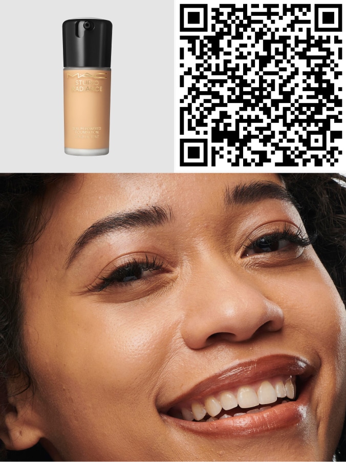 QR code and model's face for STUDIO RADIANCE SERUM-POWERED™ FOUNDATION.